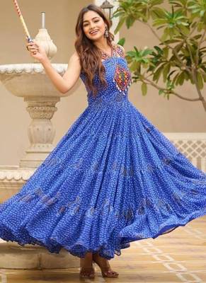 Navratri wear blue georgette bandhni print gamthi & mirror -codi lace work gown 5