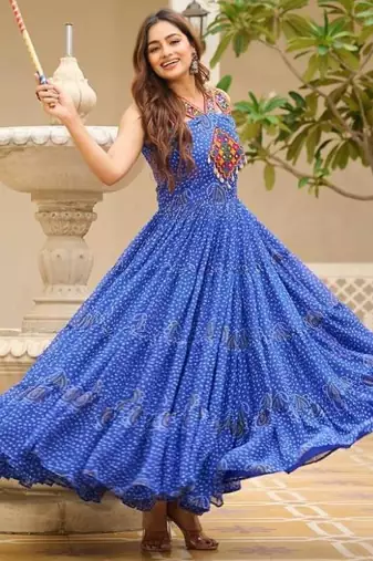 Navratri wear blue georgette bandhni print gamthi & mirror -codi lace work gown full stitched