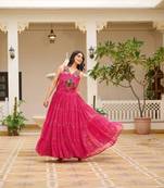 Navratri wear pink color georgette bandhni print gamthi & mirror -codi lace work gown full stitched