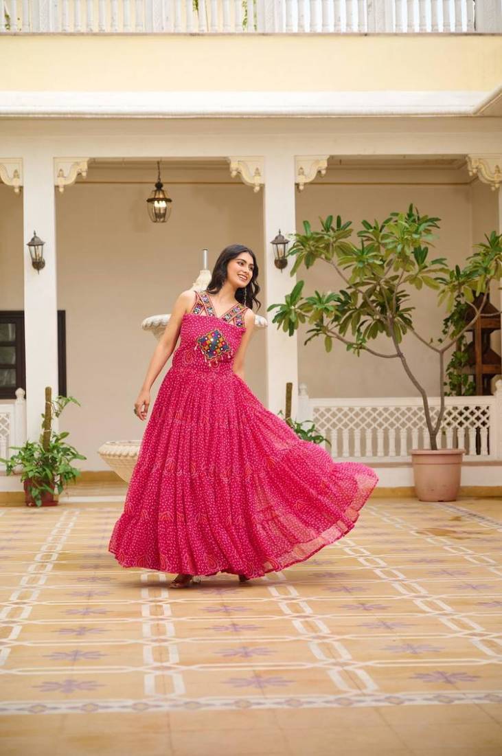 Navratri wear pink color georgette bandhni print gamthi & mirror -codi lace work gown full stitched