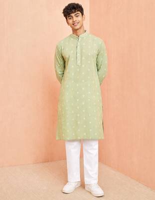 Boys green cotton jacquard kurta pyjama set 3