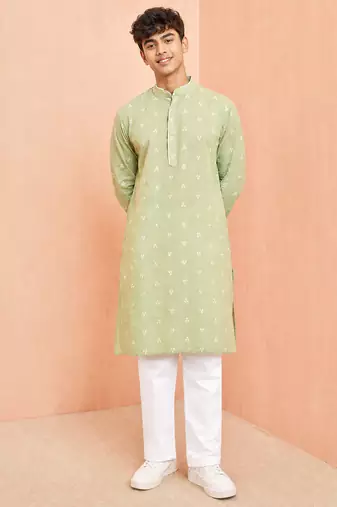 green cotton jacquard kurta pyjama set for boys