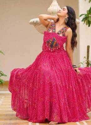 Navratri wear pink georgette bandhni print gamthi & mirror -codi lace work gown 2