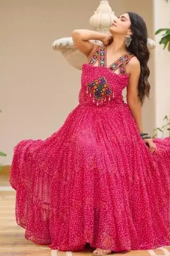 Navratri wear pink georgette bandhni print gamthi & mirror -codi lace work gown full stitched