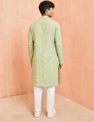 Boys green cotton jacquard kurta pyjama set 4