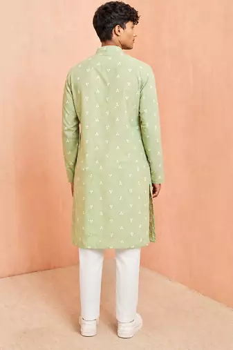 green cotton jacquard kurta pyjama set for boys