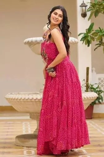 Navratri wear pink georgette bandhni print gamthi & mirror -codi lace work gown full stitched