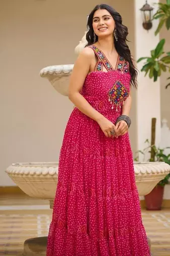 Navratri wear pink georgette bandhni print gamthi & mirror -codi lace work gown full stitched