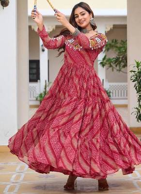 Navratri wear pink georgette bandhni print gamthi & mirror -codi lace work gown 1