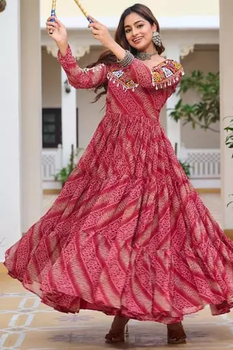 Navratri wear pink georgette bandhni print gamthi & mirror -codi lace work gown full stitched