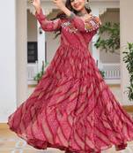 Navratri wear pink color georgette bandhni print gamthi & mirror -codi lace work gown full stitched