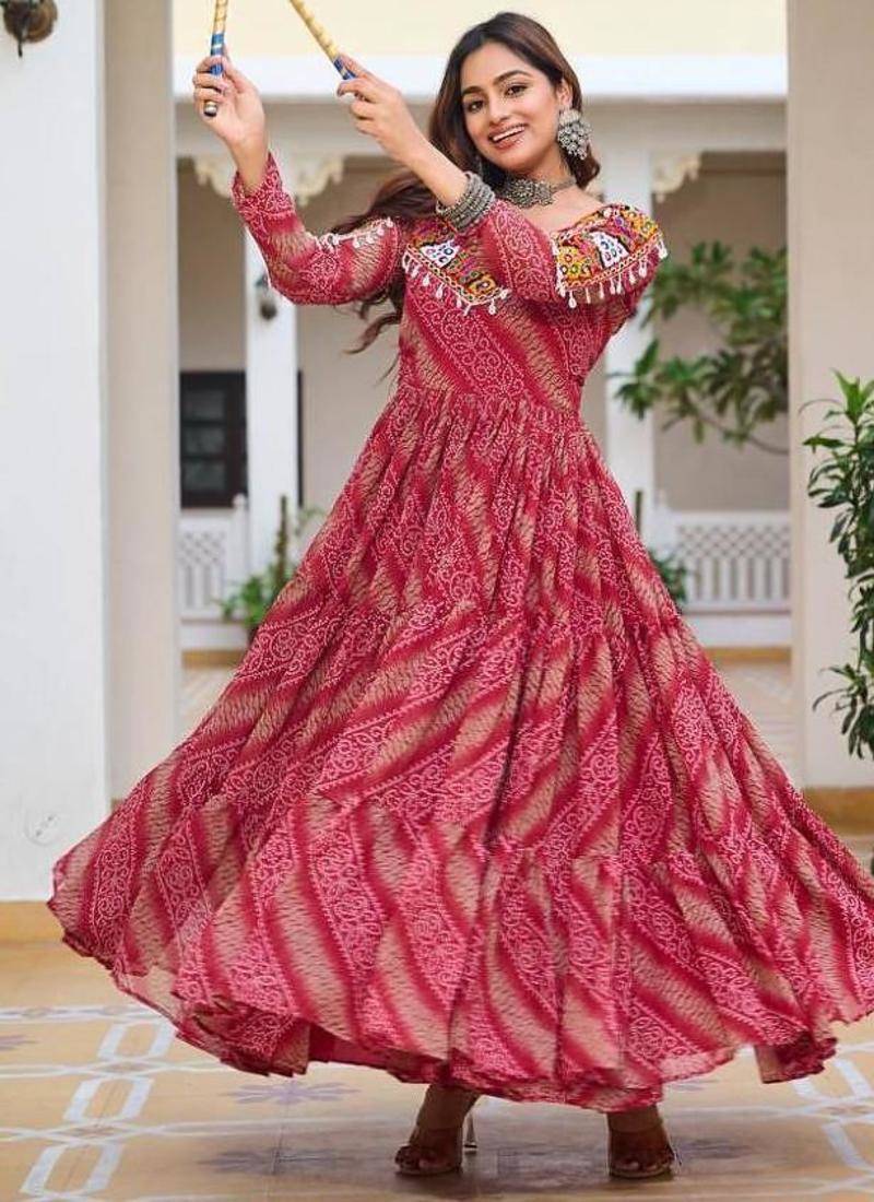 Navratri wear pink color georgette bandhni print gamthi & mirror -codi lace work gown full stitched