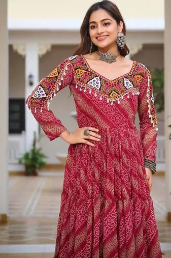 Navratri wear pink georgette bandhni print gamthi & mirror -codi lace work gown full stitched