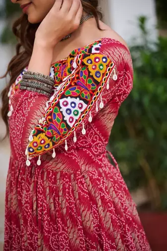 Navratri wear pink georgette bandhni print gamthi & mirror -codi lace work gown full stitched