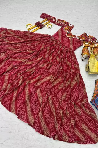Navratri wear pink georgette bandhni print gamthi & mirror -codi lace work gown full stitched