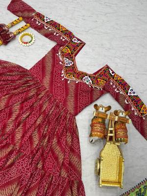 Navratri wear pink georgette bandhni print gamthi & mirror -codi lace work gown 5