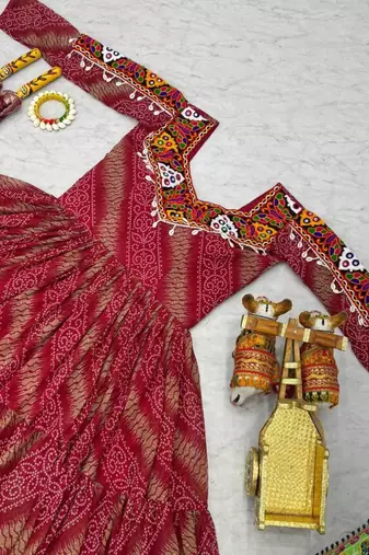 Navratri wear pink georgette bandhni print gamthi & mirror -codi lace work gown full stitched