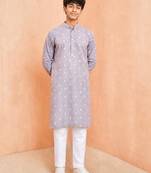 Boys grey cotton jacquard kurta pyjama set