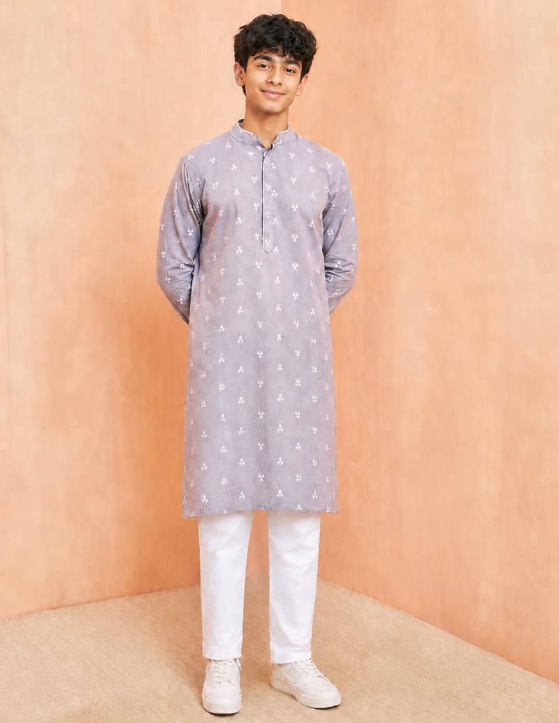 Boys grey cotton jacquard kurta pyjama set
