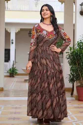 Navratri wear multi georgette bandhni print gamthi & mirror -codi lace work gown full stitched
