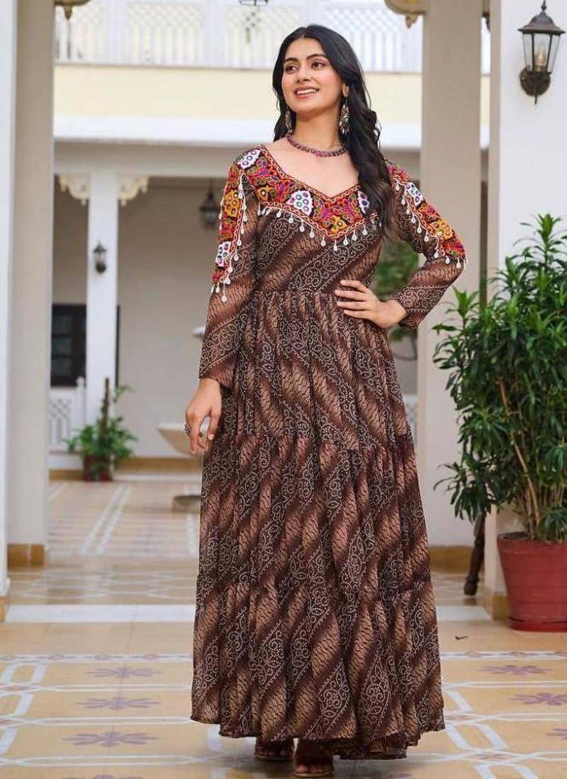 Navratri wear multi color georgette bandhni print gamthi & mirror -codi lace work gown full stitched