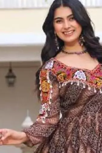 Navratri wear multi georgette bandhni print gamthi & mirror -codi lace work gown full stitched