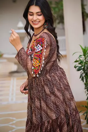 Navratri wear multi georgette bandhni print gamthi & mirror -codi lace work gown full stitched