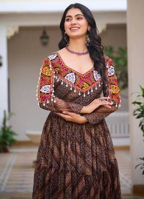 Navratri wear multi georgette bandhni print gamthi & mirror -codi lace work gown 4