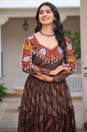 Navratri wear multi georgette bandhni print gamthi & mirror -codi lace work gown full stitched