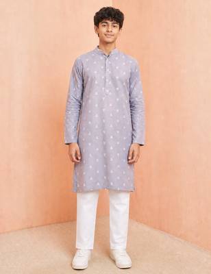 Boys grey cotton jacquard kurta pyjama set 3