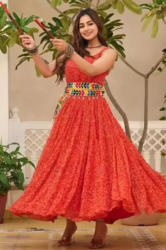 Navratri wear red georgette bandhni print gamthi & mirror -codi lace work gown full stitched
