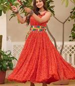Navratri wear red color georgette bandhni print gamthi & mirror -codi lace work gown full stitched