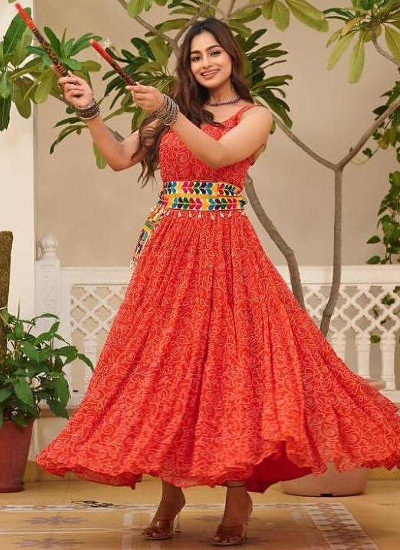 Navratri wear red color georgette bandhni print gamthi & mirror -codi lace work gown full stitched