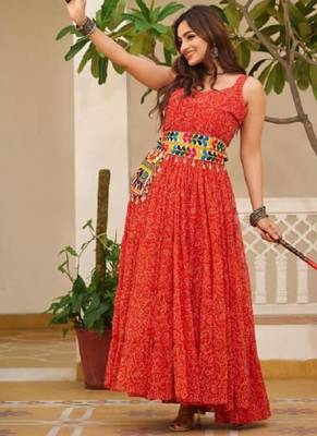 Navratri wear red georgette bandhni print gamthi & mirror -codi lace work gown 2