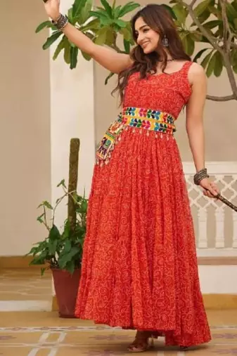 Navratri wear red georgette bandhni print gamthi & mirror -codi lace work gown full stitched
