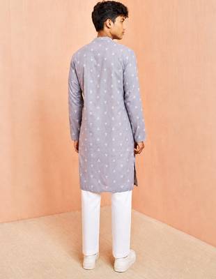 Boys grey cotton jacquard kurta pyjama set 4
