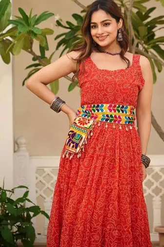 Navratri wear red georgette bandhni print gamthi & mirror -codi lace work gown full stitched