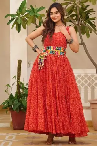 Navratri wear red georgette bandhni print gamthi & mirror -codi lace work gown full stitched