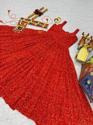 Navratri wear red georgette bandhni print gamthi & mirror -codi lace work gown 5
