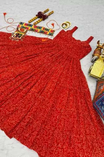 Navratri wear red georgette bandhni print gamthi & mirror -codi lace work gown full stitched
