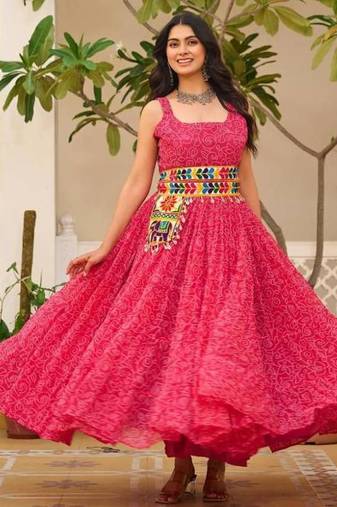 Navratri wear pink georgette bandhni print gamthi & mirror -codi lace work gown