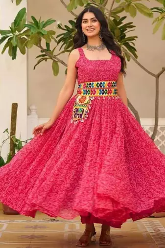 Navratri wear pink georgette bandhni print gamthi & mirror -codi lace work gown full stitched