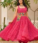 Navratri wear pink color georgette bandhni print gamthi & mirror -codi lace work gown full stitched