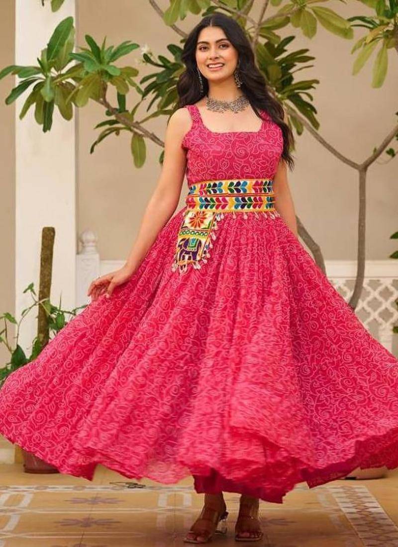 Navratri wear pink color georgette bandhni print gamthi & mirror -codi lace work gown full stitched