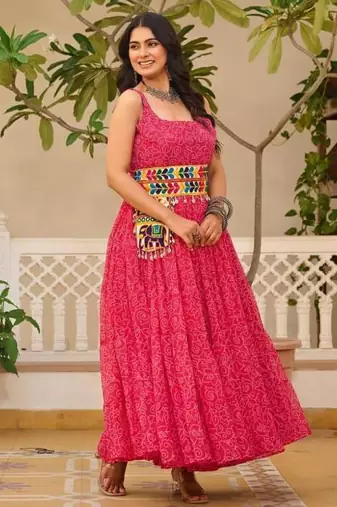 Navratri wear pink georgette bandhni print gamthi & mirror -codi lace work gown full stitched