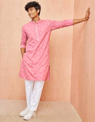 Boys pink cotton jacquard kurta pyjama set 1