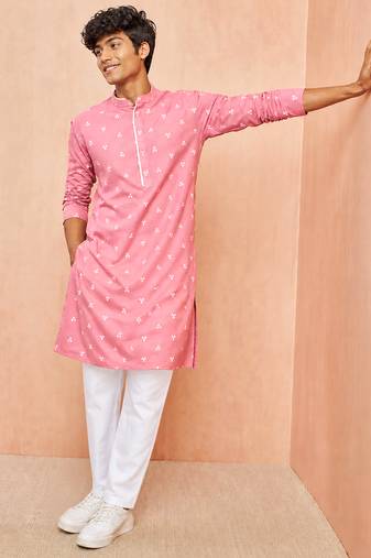 Boys pink cotton jacquard kurta pyjama set