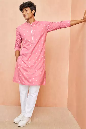 Boys pink cotton jacquard kurta pyjama set