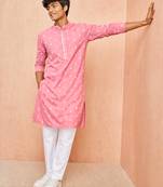Boys pink cotton jacquard kurta pyjama set