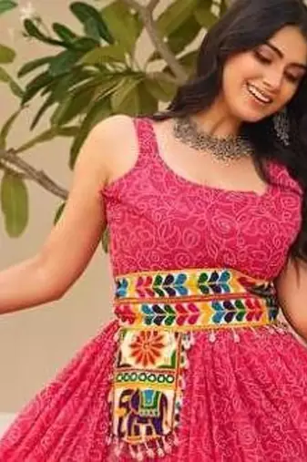 Navratri wear pink georgette bandhni print gamthi & mirror -codi lace work gown full stitched